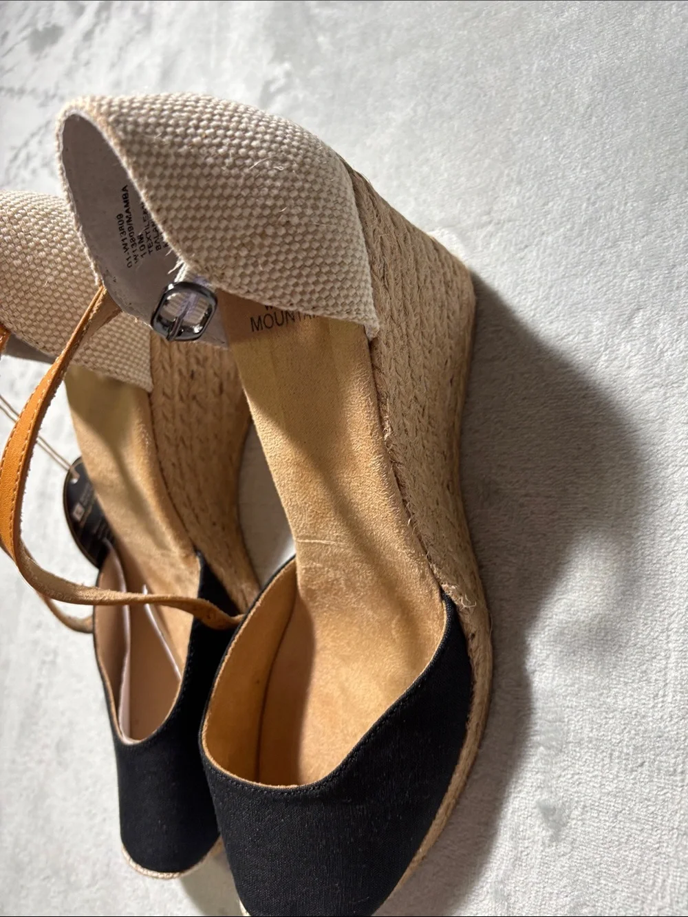 White Mountain Black and Tan Espadrille Wedge Sandals